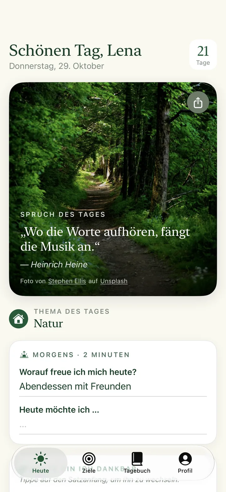 HappyDi auf dem iPhone: Startseite „Heute“ mit Spruch und Bild des Tages