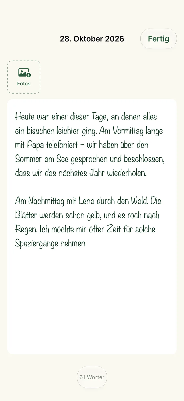 Freies Tagebuch – Optional: lange Texte und Fotos – für alles, was du sonst noch festhalten möchtest.